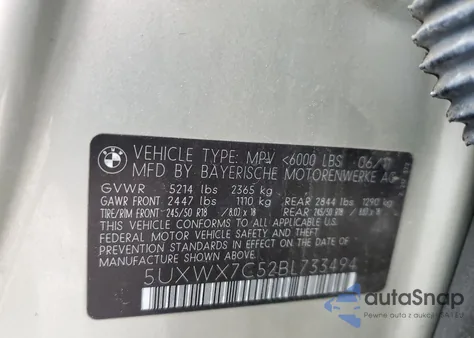 2011 BMW X3 xDrive35I z USA, uszkodzony, nr VIN 5UXWX7C52BL733494